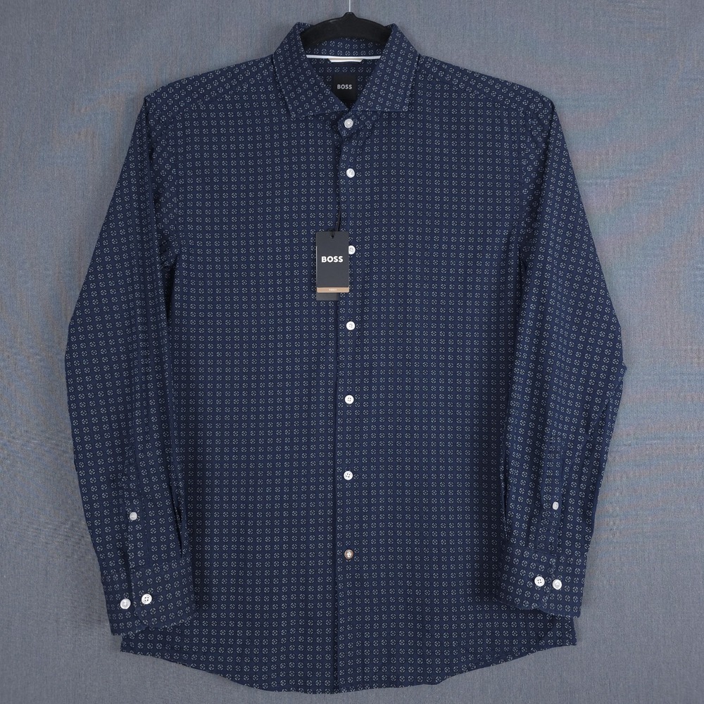 Hugo Boss Hank Spread Shirt Men 41 16 Indigo Blue Geometric Slim Fit Long Sleeve